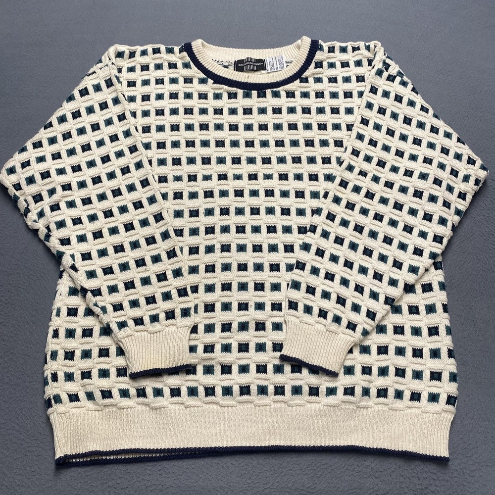 Vintage Expressions Sweater Mens XL Blue‎ Cotton Knit Geometric Made USA 90s